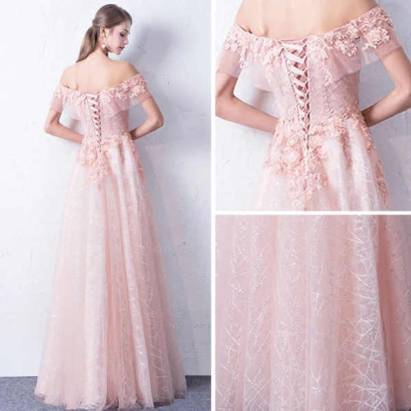 Bling Bling Rosa Abendkleider 2018 A Linie Off Shoulder Kurze Ärmel Applikationen Spitze Glanz Pailletten Lange Rüschen Rückenfreies Festliche Kleider