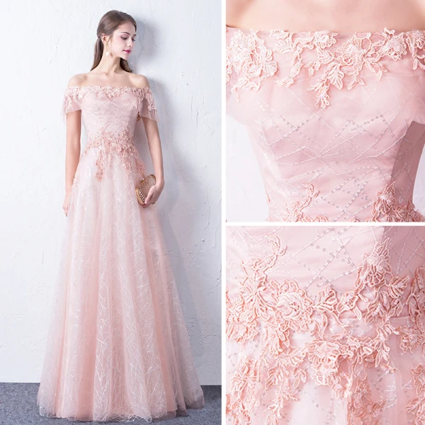 Bling Bling Rosa Abendkleider 2018 A Linie Off Shoulder Kurze Ärmel Applikationen Spitze Glanz Pailletten Lange Rüschen Rückenfreies Festliche Kleider