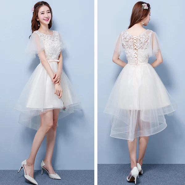 Hög Låg Champagne Tärnklänningar 2018 Prinsessa Appliqués Blomma Rosett Skärp Asymmetrisk Ruffle Halterneck Klänning Till Bröllop