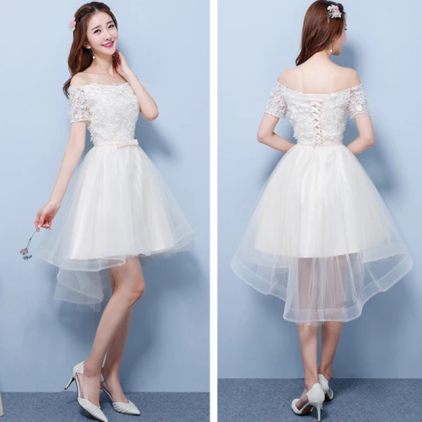 Hög Låg Champagne Tärnklänningar 2018 Prinsessa Appliqués Blomma Rosett Skärp Asymmetrisk Ruffle Halterneck Klänning Till Bröllop