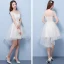 Hög Låg Champagne Tärnklänningar 2018 Prinsessa Appliqués Blomma Rosett Skärp Asymmetrisk Ruffle Halterneck Klänning Till Bröllop