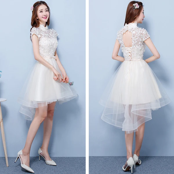 Hög Låg Champagne Tärnklänningar 2018 Prinsessa Appliqués Blomma Rosett Skärp Asymmetrisk Ruffle Halterneck Klänning Till Bröllop