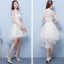 Hög Låg Champagne Tärnklänningar 2018 Prinsessa Appliqués Blomma Rosett Skärp Asymmetrisk Ruffle Halterneck Klänning Till Bröllop