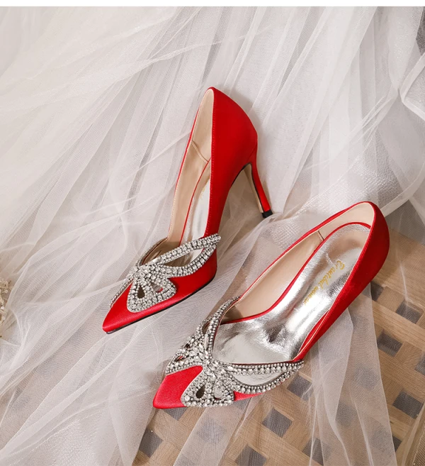 Charmant Argenté Percé Faux Diamant Papillon Chaussure De Mariée 2020 8 cm Talons Aiguilles À Bout Pointu Mariage Escarpins