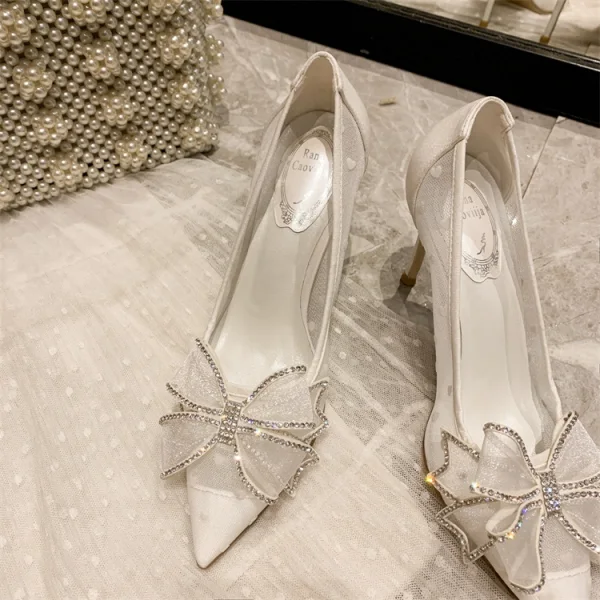Charmant Beige Strass Schleife Brautschuhe 2020 10 cm Stilettos Spitzschuh Hochzeit Pumps