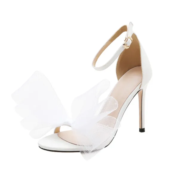 Schöne Weiß Ball Schleife Sandalen Damen 2020 Knöchelriemen 10 cm Stilettos Peeptoes Sandaletten