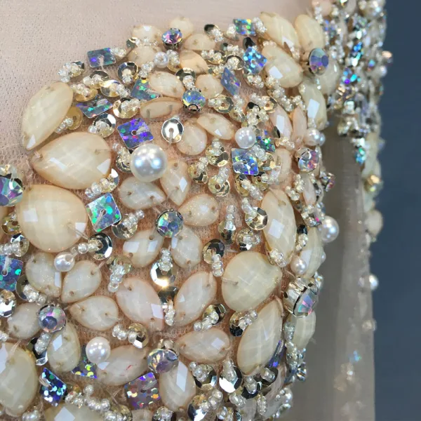 Luxury / Gorgeous Champagne Evening Dresses 2018 Trumpet / Mermaid Beading Crystal Pearl Rhinestone Sequins Scoop Neck Long Sleeve Sweep Train Formal Dresses