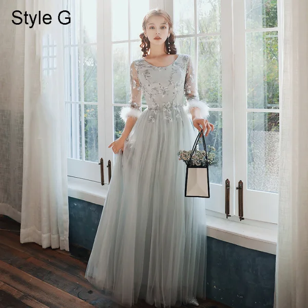 Chinese style Elegant Blushing Pink Embroidered Bridesmaid Dresses 2021 A-Line / Princess Scoop Neck 3/4 Sleeve Floor-Length / Long Wedding Party Dresses