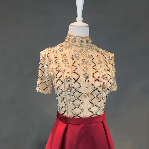 Chic / Belle Bleu Marine Robe De Soirée 2018 Princesse Ceinture Fait main Perlage Cristal Faux Diamant Paillettes Col Haut 1/2 Manches Train De Balayage Robe De Ceremonie