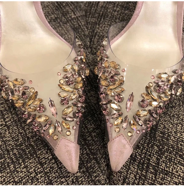 Charmant Rougissant Rose Cocktail Faux Diamant Sandales Femme 2020 Slingbacks 7 cm Talons Aiguilles À Bout Pointu Sandales