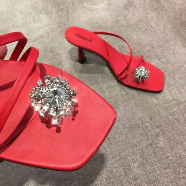 Modest / Simple Black Street Wear Rhinestone Womens Sandals 2020 7 cm Stiletto Heels Open / Peep Toe Sandals