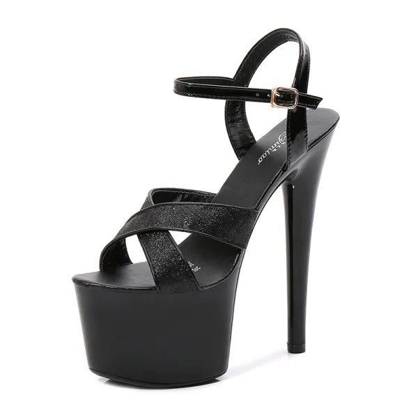 Chic / Belle Noire Club de carnaval Paillettes Sandales Femme 2020 Bride Cheville 15 cm Talons Aiguilles Peep Toes / Bout Ouvert Sandales