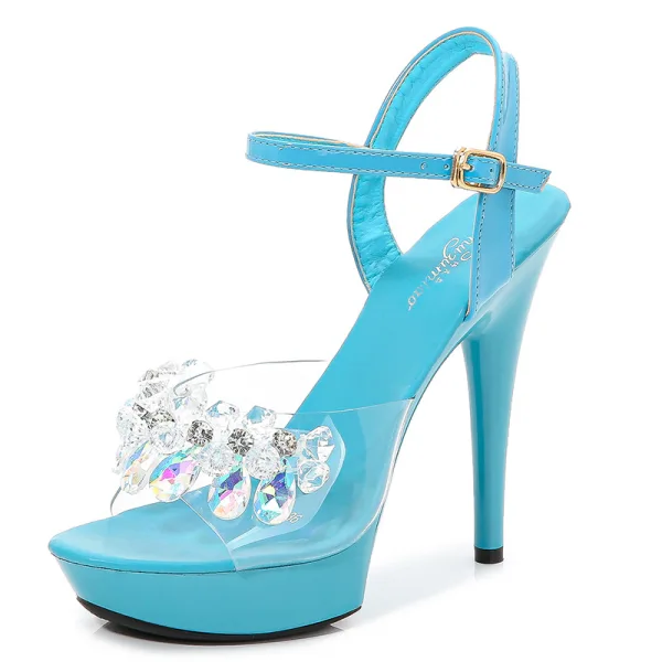 Sexy Noire Club de carnaval Faux Diamant Sandales Femme 2020 Bride Cheville 15 cm Talons Aiguilles Peep Toes / Bout Ouvert Sandales