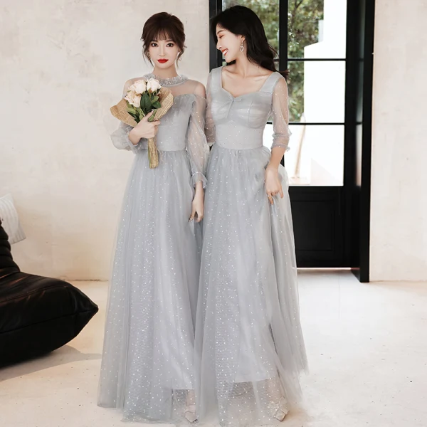 Modern / Fashion Grey Bridesmaid Dresses 2021 A-Line / Princess Scoop Neck Sequins 3/4 Sleeve Backless Floor-Length / Long Wedding Party Dresses