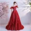 Sparkly Fashion Red Prom Dresses 2021 A-Line / Princess Off-The-Shoulder Handmade  Beading Crystal Rhinestone Short Sleeve Backless Floor-Length / Long Formal Dresses