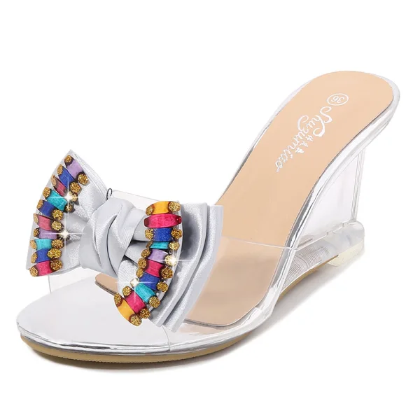 Chic / Beautiful Silver Street Wear Womens Sandals 2020 Rhinestone Bow 8 cm Wedges Open / Peep Toe Sandals