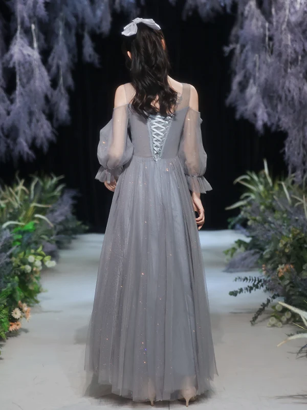 grey bridesmaid dresses short ZAPAKA Women Beaded Grey Bridesmaid Dress with Appliques A-Line Tulle Round Neck Wedding Guest Dress main image 0