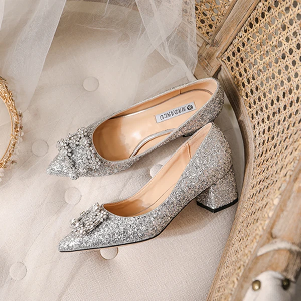 Sparkly Silver Rhinestone Wedding Shoes 2020 Sequins 7 cm Thick Heels Pointed Toe Wedding Pumps