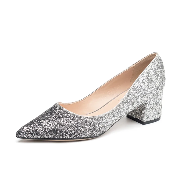 Glittrande Silver Paljetter Brudskor 2020 7 cm Tjocka Klackar Spetsiga Bröllop Pumps