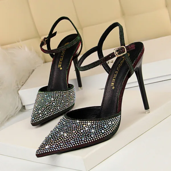 Glitzernden Rosa Abend Sandalen Damen Strass 2020 Knöchelriemen 10 cm Stilettos Spitzschuh Sandaletten