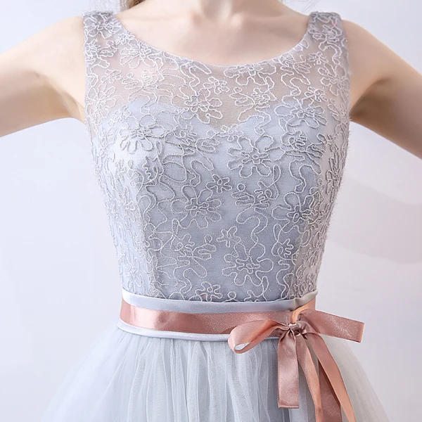 Chic / Beautiful Grey Bridesmaid Dresses 2018 A-Line / Princess Bow Sleeveless Backless Short Wedding Party Dresses