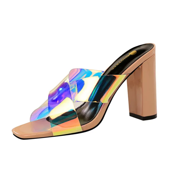 Modest / Simple Summer Burgundy Street Wear Laser Womens Sandals 2020 9 cm Thick Heels Open / Peep Toe Sandals