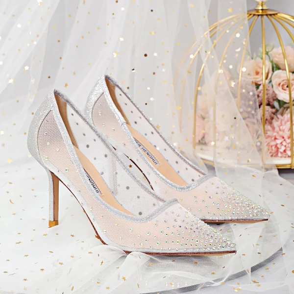 Glittrande Silver Brudskor 2020 Rhinestone Paljetter 9 cm Stilettklackar Spetsiga Bröllop Pumps
