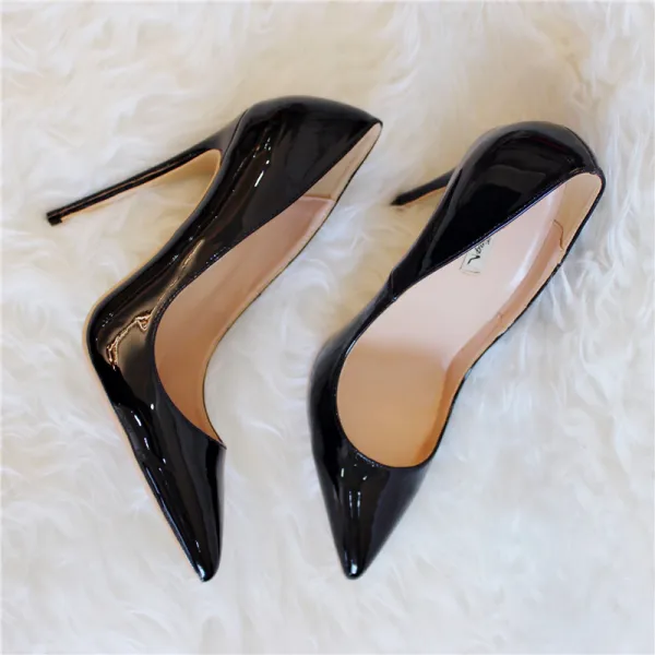 Chic / Beautiful Black Office OL Leather Pumps 2020 Patent Leather 12 cm Stiletto Heels Pointed Toe Pumps