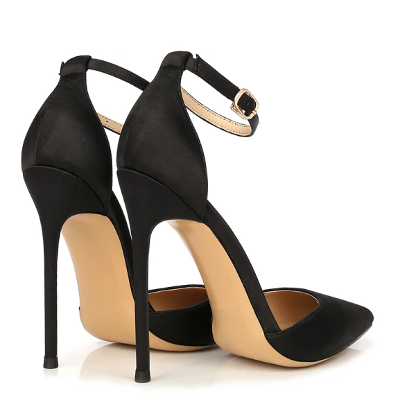 Schöne Schwarz Büro OL Satin Sandalen Damen 2020 Knöchelriemen 12 cm Stilettos Spitzschuh Sandaletten