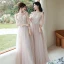 Mode Perle Rose Robe Demoiselle D'honneur 2021 Princesse Encolure Dégagée En Dentelle Fleur Appliques 3/4 Manches Dos Nu Longue Robe Pour Mariage