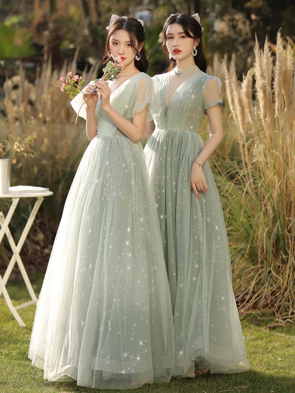 Fashion Sage Green Star Bridesmaid Dresses 2021 A-Line Princess Scoop Neck Short Sleeve Fashion Sage Green Star Bridesmaid Dresses 2021 A-Line Princess Scoop Neck Short Sleeve