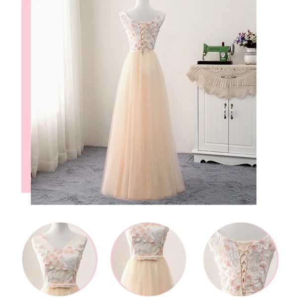 Chic / Beautiful Champagne Bridesmaid Dresses 2018 A-Line / Princess Appliques Bow Lace Backless Floor-Length / Long Wedding Party Dresses
