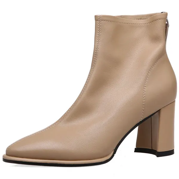 Enkel Høst Aprikos Casual Ankel Kvinners støvler 2020 Lær 7 cm Tykk Hæler Spisse Boots