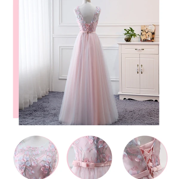 Chic / Beautiful Blushing Pink Bridesmaid Dresses 2018 A-Line / Princess Appliques Bow Lace Backless Floor-Length / Long Wedding Party Dresses