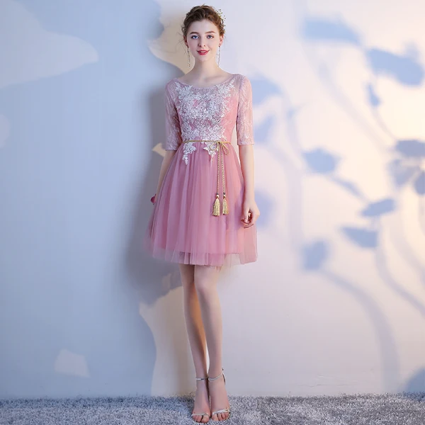 Chic / Beautiful Blushing Pink Bridesmaid Dresses 2018 A-Line / Princess Appliques Lace Bow Backless Short Wedding Party Dresses