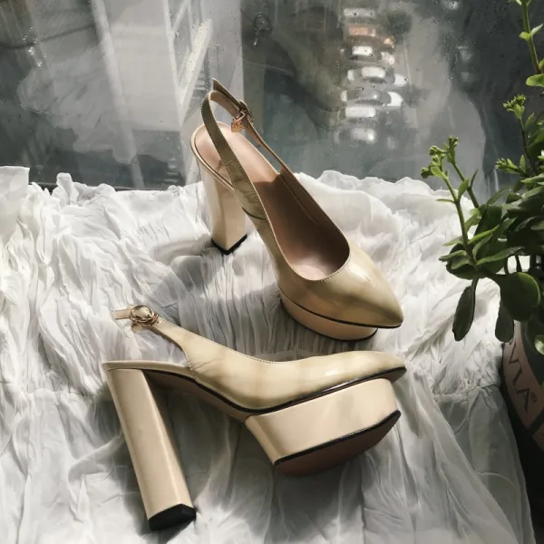 Piękne Białe Przypadkowy Slingback Sandały Damskie 2020 Skórzany 12 cm Grubym Obcasie Szpiczaste Sandały