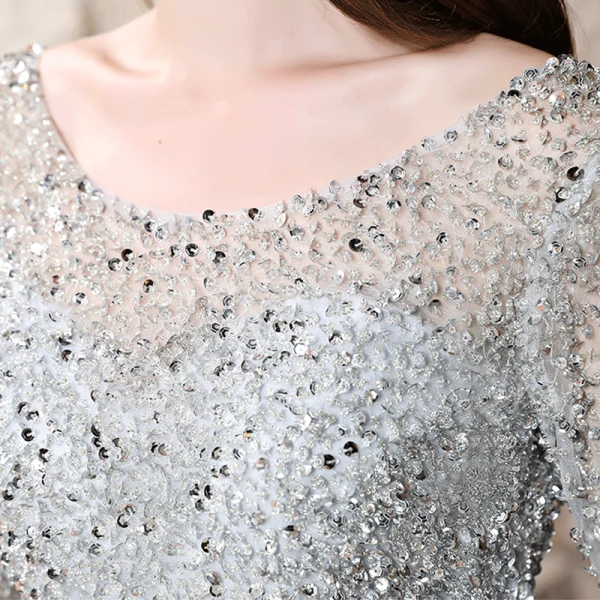 Sparkly Grey Prom Dresses 2018 Ball Gown Beading Sequins Scoop Neck Long Sleeve Backless Floor-Length / Long Formal Dresses