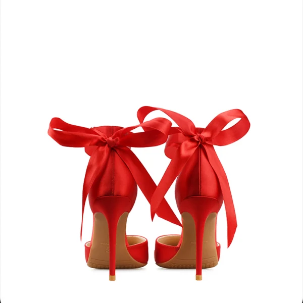 Schöne Rot Ball Sandalen Damen 2020 Schleife Knöchelriemen 10 cm Stilettos Spitzschuh Sandaletten