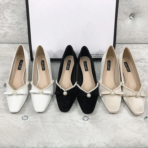 Schöne Beige Datierung Pumps 2020 Schleife Perle 4 cm Low Heel Thick Heels Quadratische Zehe Pumps