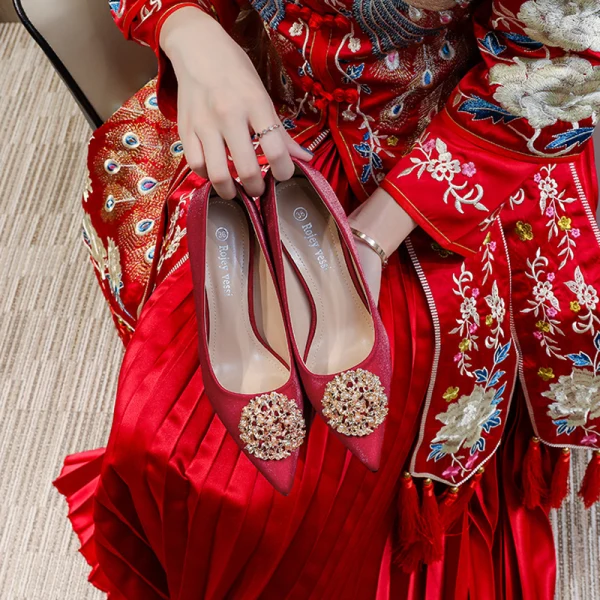 Chinese style Champagne Wedding Shoes 2020 Leather Pearl Rhinestone 9 cm Stiletto Heels Pointed Toe Wedding Pumps
