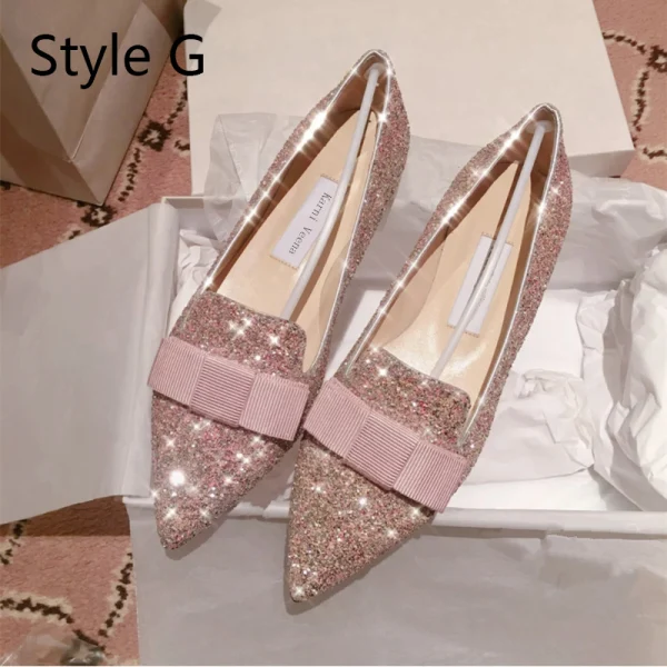 Sparkly Gradient-Color Prom Flat Womens Shoes 2020 Sequins Bow Pointed Toe Heels