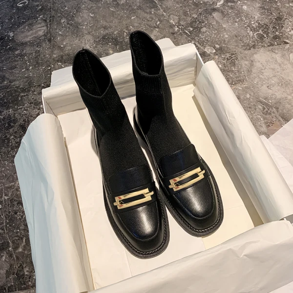 Chic / Beautiful Black Street Wear Ankle Knitting Flat Womens Boots 2020 Leather Round Toe Boots