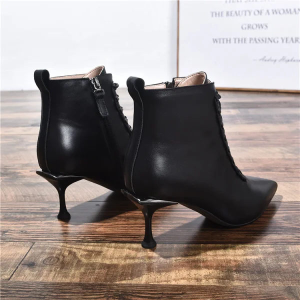Fashion Black Street Wear Ankle Womens Boots 2020 Leather 7 cm Stiletto Heels Pointed Toe Boots