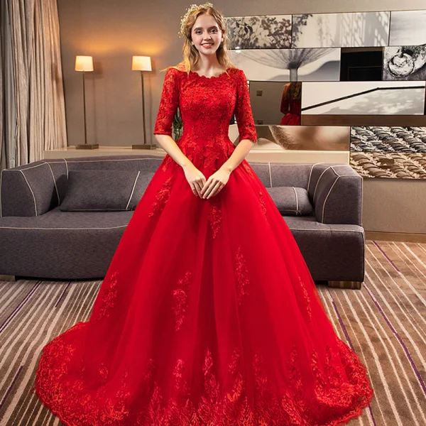 Moderne / Mode Rouge Robe De Mariée 2018 Princesse Appliques En Dentelle Cristal Encolure Dégagée 3/4 Manches Royal Train Mariage