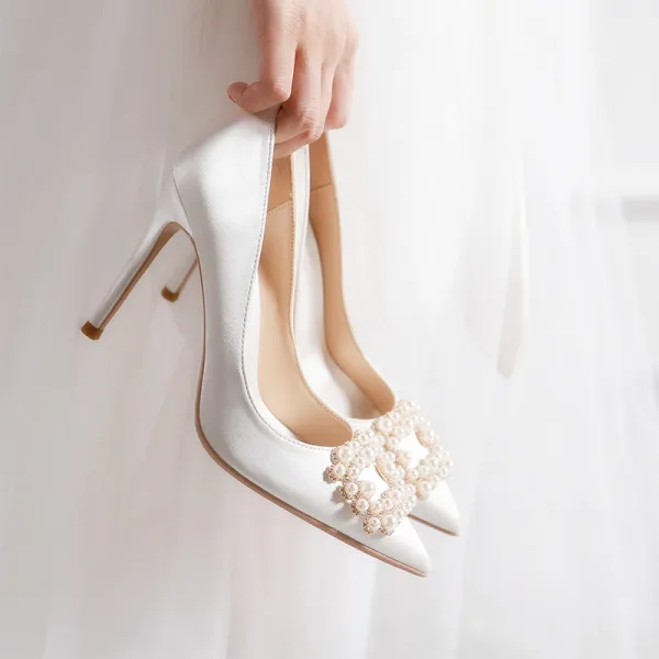 Élégant Ivoire Cuir Perle Chaussure De Mariée 2020 10 cm Talons Aiguilles À Bout Pointu Mariage Escarpins