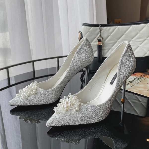 Classic White Lace Wedding Shoes 2020 Pearl 9 cm Stiletto Heels Pointed Toe Wedding Pumps
