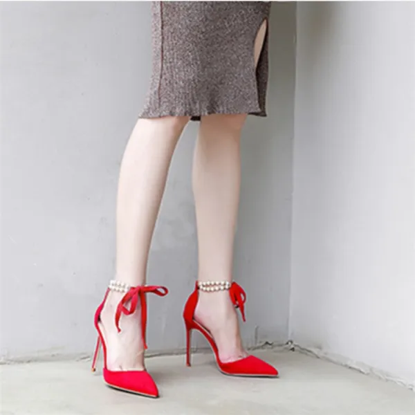 Sexy Burgundy Evening Party Womens Sandals 2020 Pearl Ankle Strap 10 cm Stiletto Heels Pointed Toe Sandals