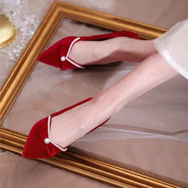 Chinese style Burgundy Suede Wedding Shoes 2020 Pearl Bow 6 cm Stiletto Heels Pointed Toe Wedding Pumps