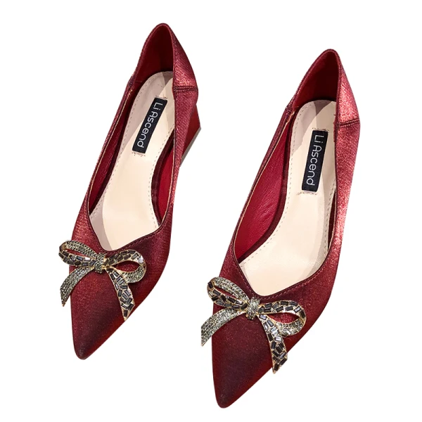 Fashion Burgundy Evening Party Rhinestone Bow Pumps 2020 4 cm Thick Heels Low Heel Pointed Toe Pumps