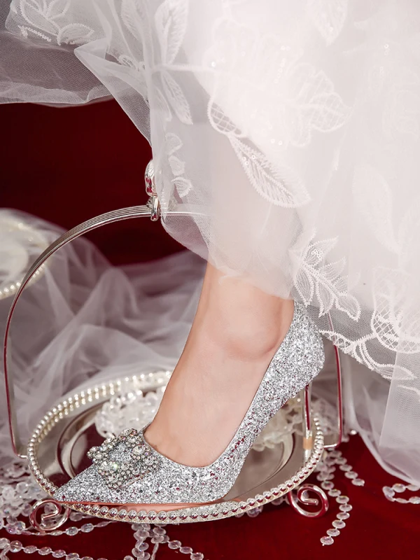 Charmant Gold Glanz Brautschuhe 2020 Strass Pailletten 8 cm Stilettos Spitzschuh Hochzeit Pumps